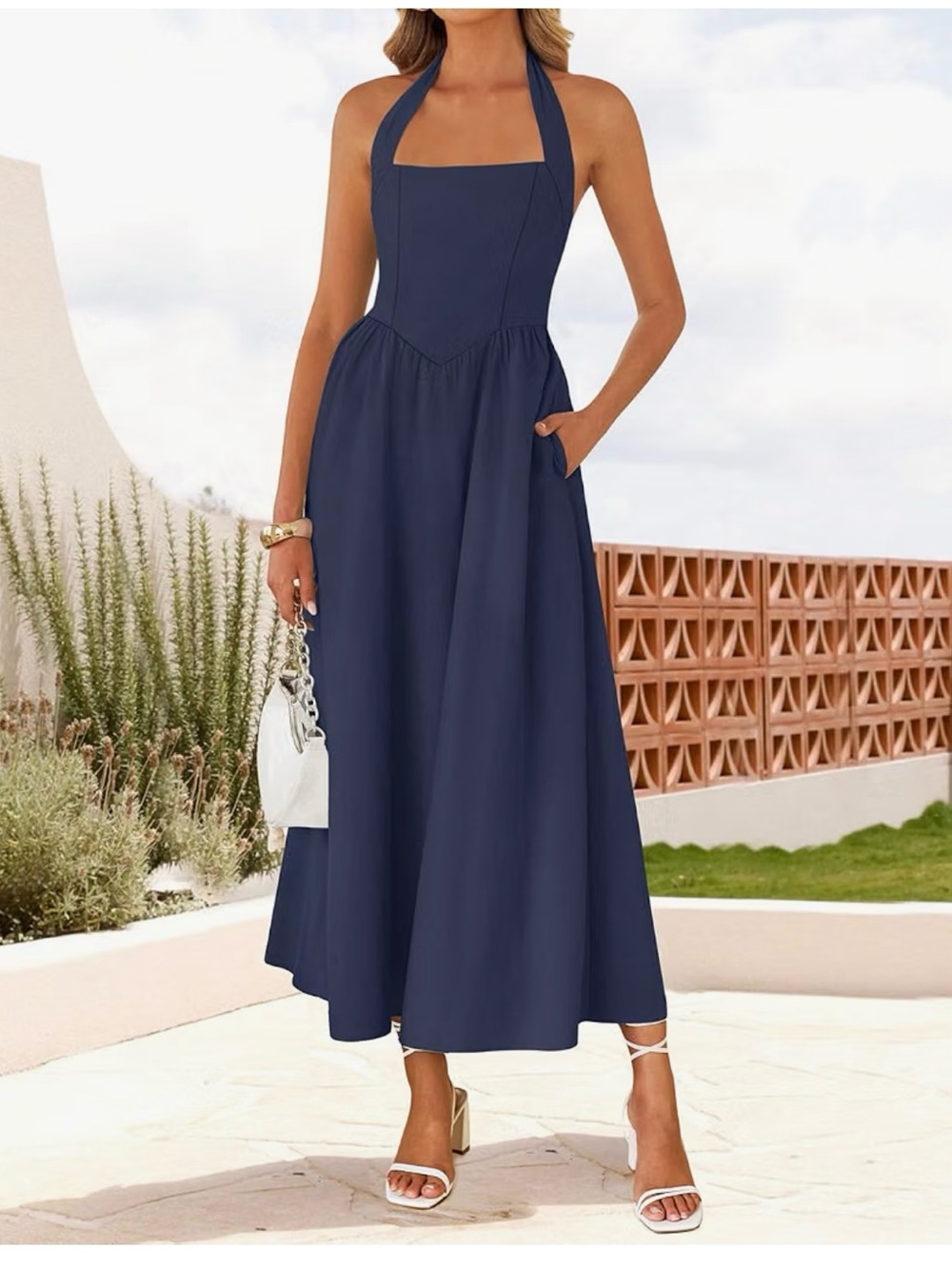 Halter Midi Dress in Navy with Side Pockets